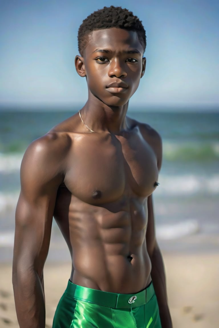 A youthful African boy of 16 years, with refined features and a handsome face. He stands tall, his slender yet muscular physique evident beneath the bright sunlight. His large, rounded chest is accentuated by the tiny Green Lantern armor micro bikini, drawing attention to his toned torso. The framing of the shot showcases him against a vibrant beach backdrop, with the warm sand and clear blue sky creating a striking contrast.