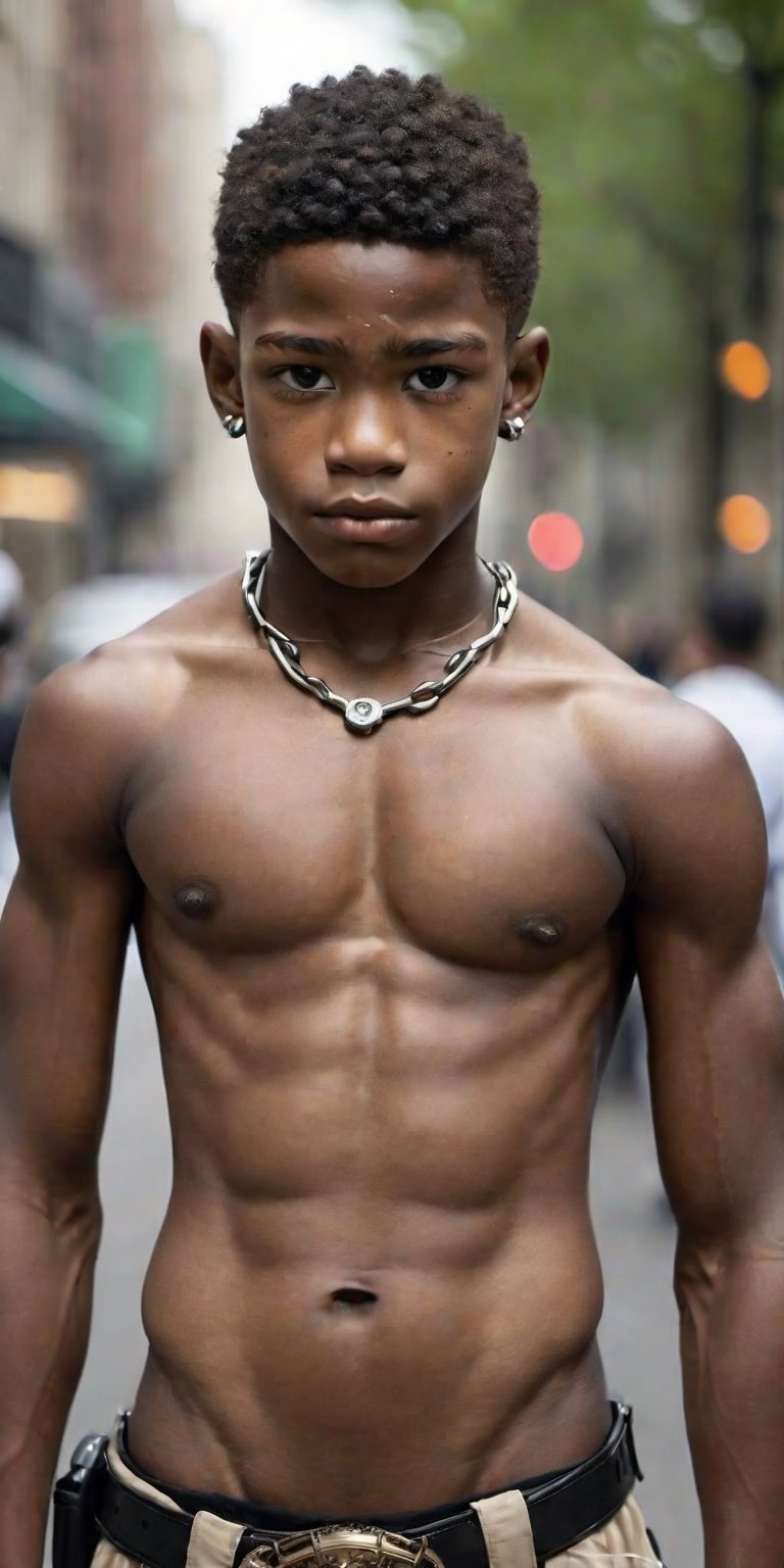 Niño varón cyborg de 16 años, africana de rasgos finos y hermoso, de cuerpo delgado y marcado, musculoso, de pechos grandes y redondos, fondo de ciudad