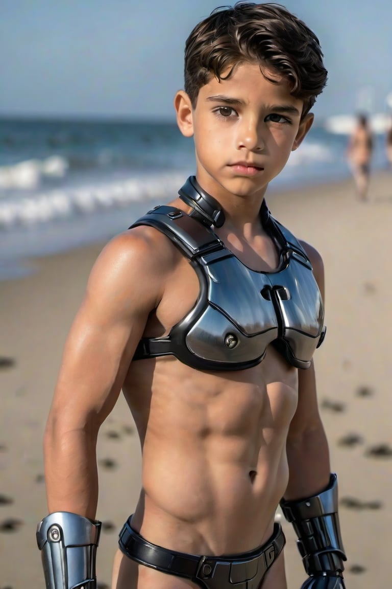 Niño varón de 16 años, de rasgos finos y hermoso, de cuerpo delgado y marcado, musculoso, de pechos grandes y redondos usando un micro bikinis de la armadura de robocop, fondo de playa