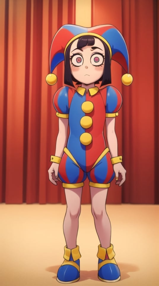 ((masterpiece)), (best quality), (cinematic), 1girl, Pomni, jester, detailed eyes, cute pose, clown, puffy shorts,