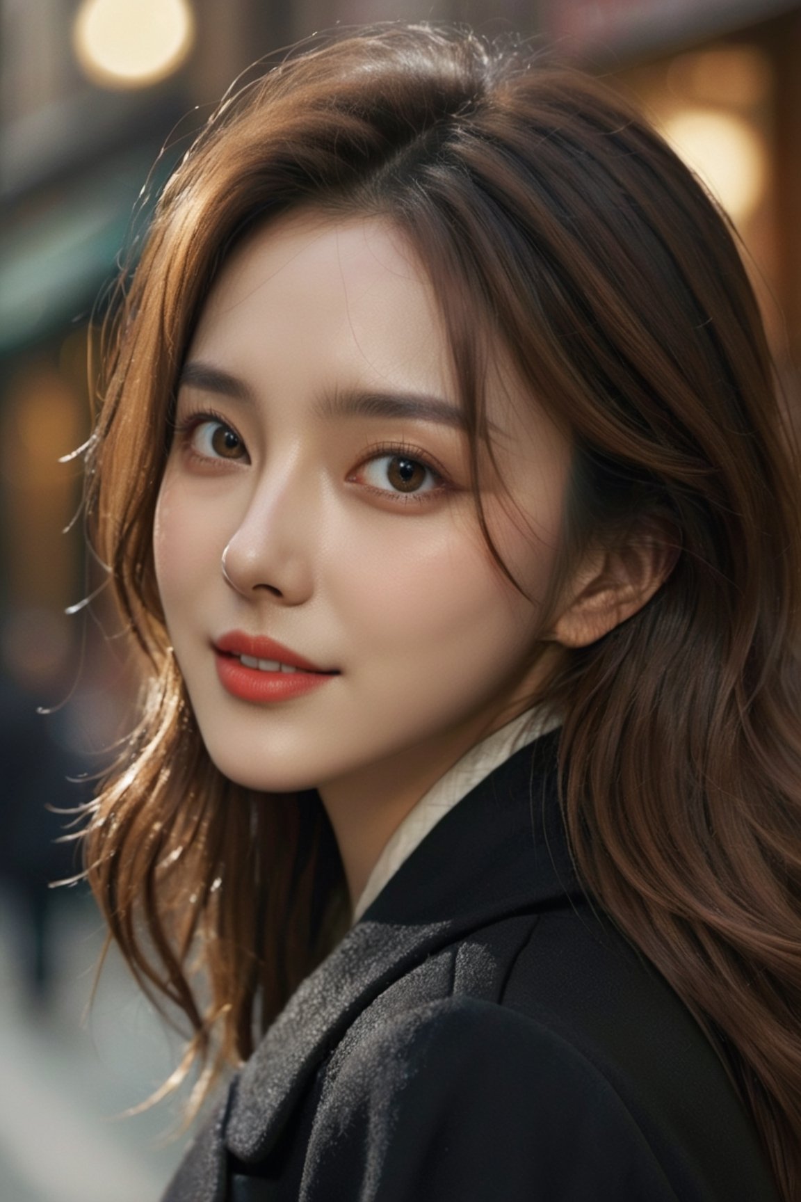 masterpiece,Best Quality,photorealistic,ultra-detailed,finely detailed,high resolution,8K wallpaper,1 beautiful woman,in black long coat,brown messy hair,perfect dynamic composition,beautiful detailed eyes,smiling happily,back shot,looking back,upper-body portrait,sharp-focus,xxmix_girl,beautymix,FilmGirl