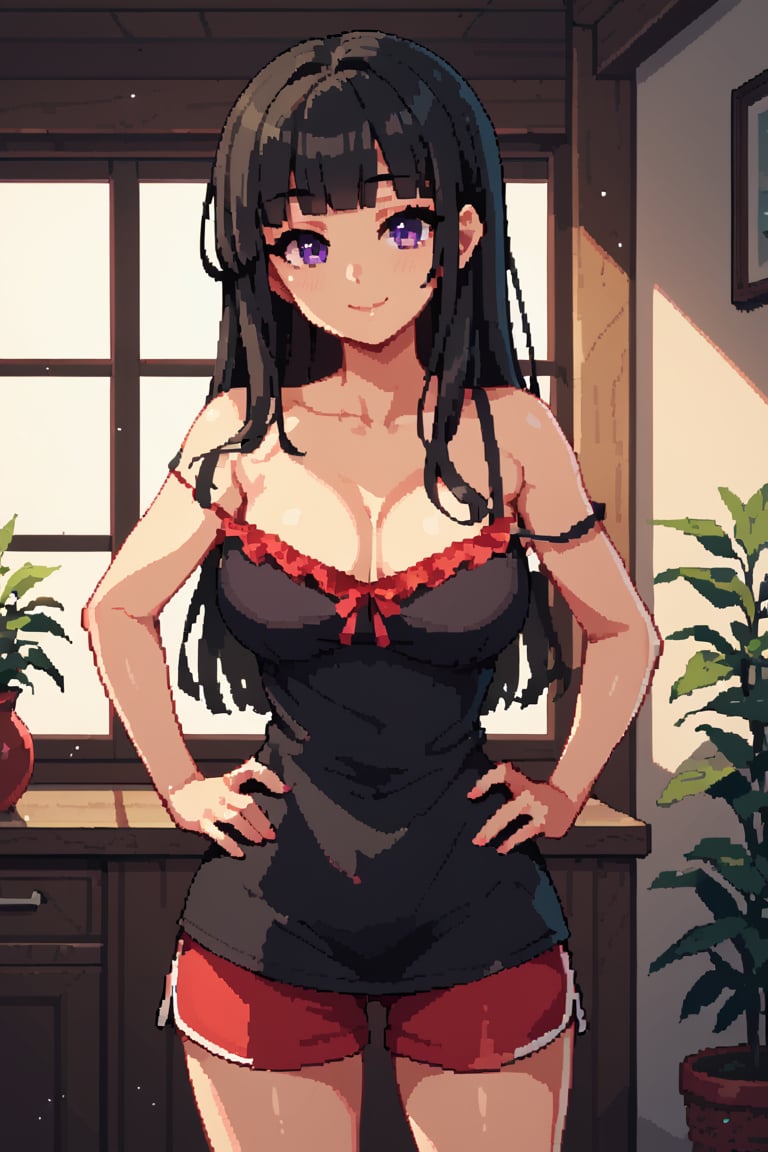 score_9, score_8_up, score_7_up, 1girl, black hair, purple eyes, long hair, blunt bangs, spaghetti_strap, black dress, (large breasts:0.7), smile, frilled camisole, single strap slip, himecut, off shoulder, red sports shorts, standing, hands on own hips, indoors