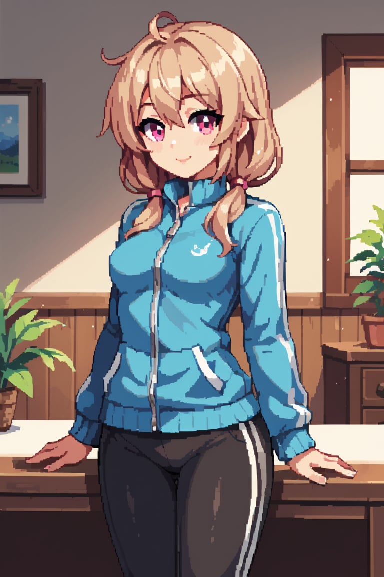 best quality, masterpiece, score_9, score_8_up, score_7_up, 1girl,  light brown hair, pink eyes, sidelocks, hair between eyes, track_suit, (small breasts:0.8), low_twintails, medium hair, cute smile, indoors, living room, track_jacket, pants,