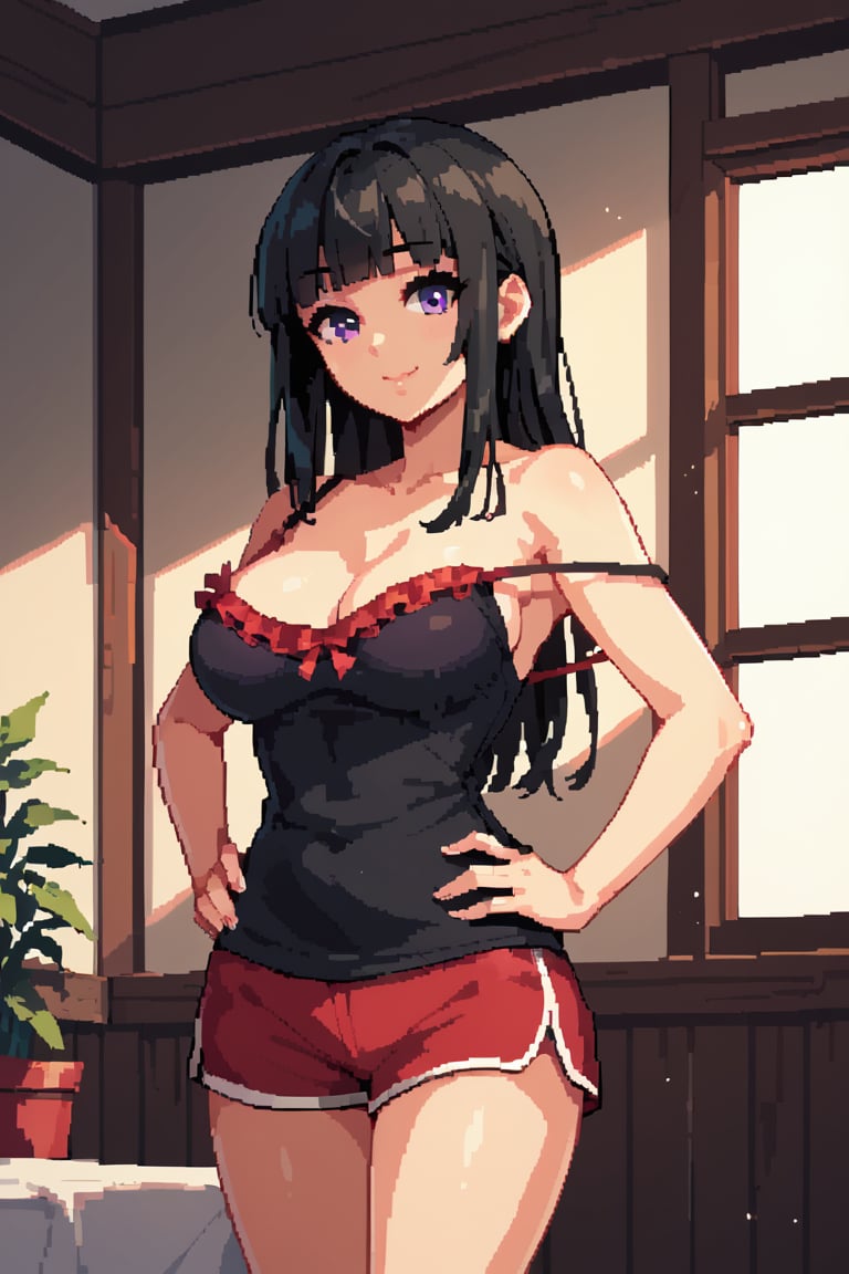 score_9, score_8_up, score_7_up, 1girl, black hair, purple eyes, long hair, blunt bangs, spaghetti_strap, black dress, (large breasts:0.7), smile, frilled camisole, single strap slip, himecut, off shoulder, red sports shorts, standing, hands on own hips, indoors