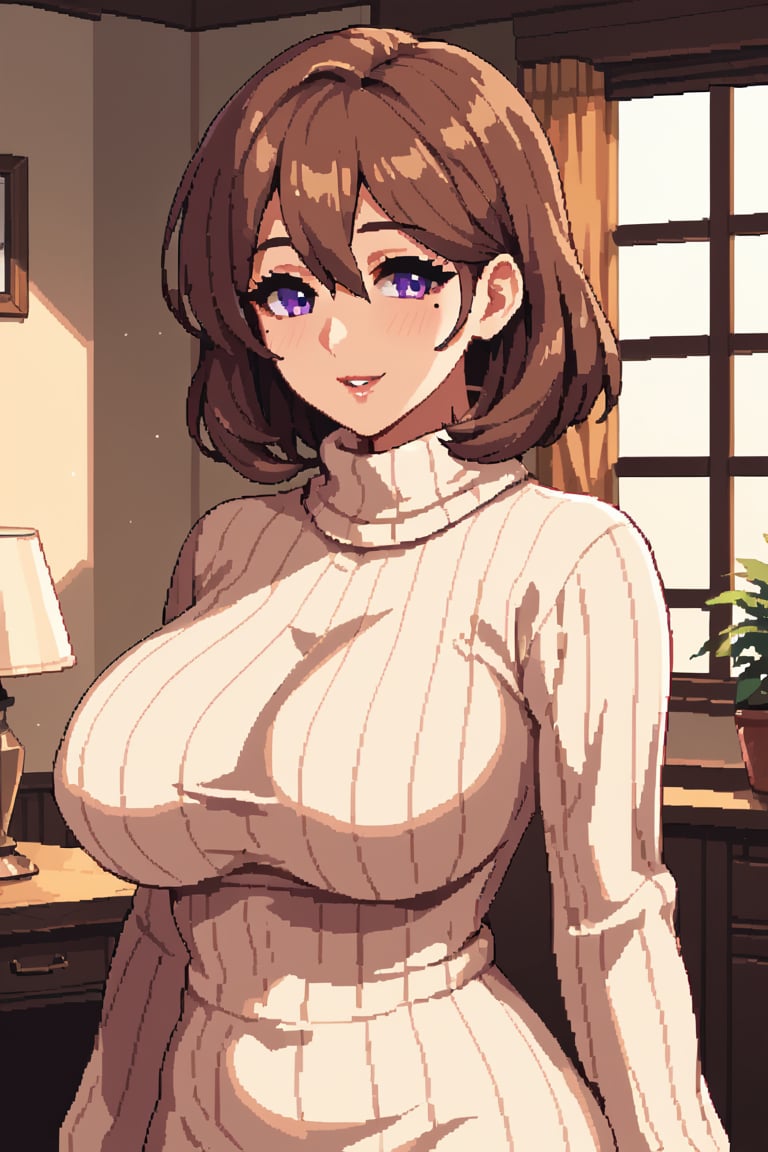 score_9, score_8_up, score_7_up, 1girl, short_hair, mature femle, brown hair, purple eyes, bangs, hair between eyes, mole under eye, turtleneck sweater, dress sweater, (huge breasts:0.8), eyelashes, medium hair, short hair, gentle smile, large breasts, indoors