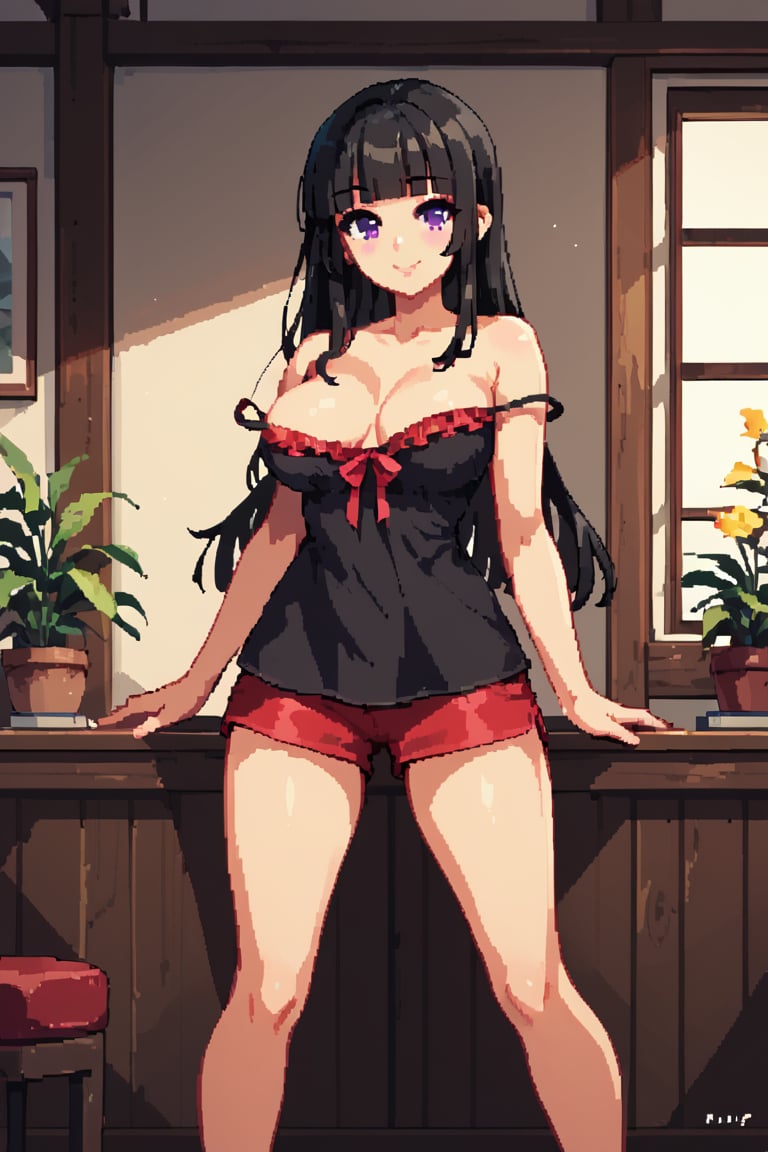 score_9, score_8_up, score_7_up, 1girl, black hair, purple eyes, long hair, blunt bangs, spaghetti_strap, black dress, (large breasts:0.7), smile, frilled camisole, single strap slip, himecut, off shoulder, red shorts, legs apart, standing, indoors