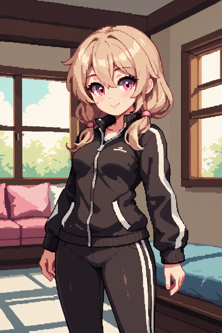 score_9, score_8_up, score_7_up, 1girl,  light brown hair, pink eyes, sidelocks, hair between eyes, track_suit, (small breasts:0.8), low_twintails, medium hair, cute smile, indoors, living room, track_jacket, pants,