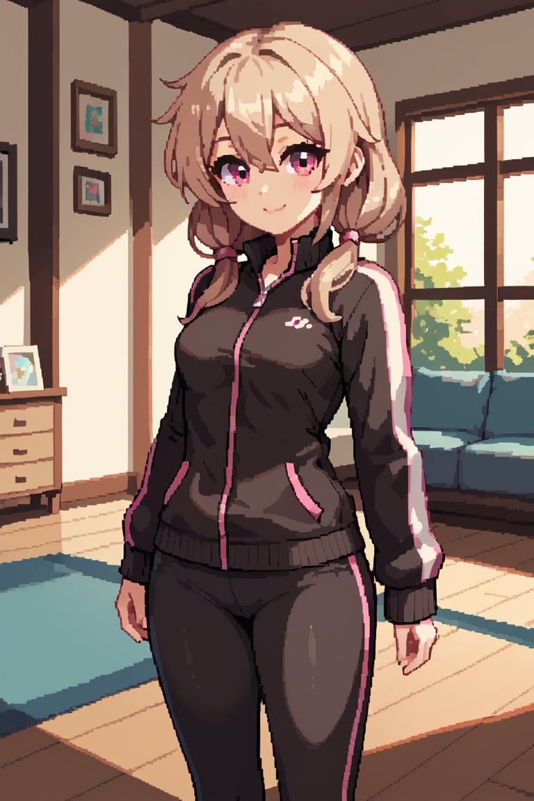 score_9, score_8_up, score_7_up, 1girl,  light brown hair, pink eyes, sidelocks, hair between eyes, track_suit, (small breasts:0.8), low_twintails, medium hair, cute smile, indoors, living room, track_jacket, pants,