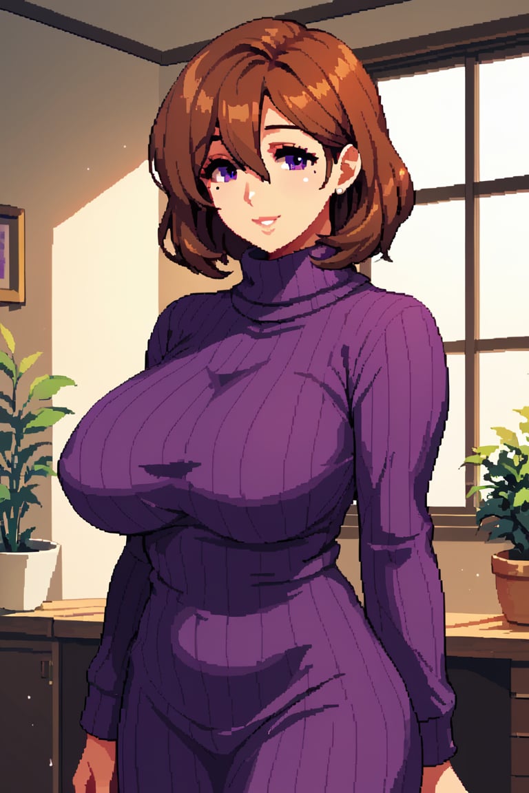 score_9, score_8_up, score_7_up, 1girl, short_hair, mature femle, brown hair, purple eyes, bangs, hair between eyes, mole under eye, turtleneck sweater, dress sweater, (huge breasts:0.8), eyelashes, medium hair, short hair, gentle smile, large breasts, indoors