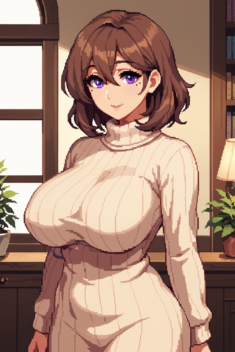 score_9, score_8_up, score_7_up, 1girl, short_hair, mature femle, brown hair, purple eyes, bangs, hair between eyes, mole under eye, turtleneck sweater, dress sweater, (huge breasts:0.8), eyelashes, medium hair, short hair, gentle smile, large breasts, indoors