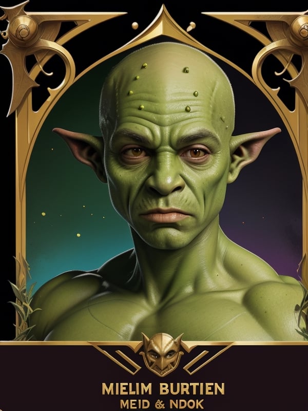 (medium shot,  goblin,  green skin,  muscular,  bald,  pointy nose,  high detailed skin:1.2),  looking at the viewer,  armor,  dagger,
game card, (tetradic colors,  inkpunk,  ink lines,  light particles, strong outlines, art nouveau,  bold traces,  unframed,  high contrast, vector,  art by MSchiffer,  zoom out view:),