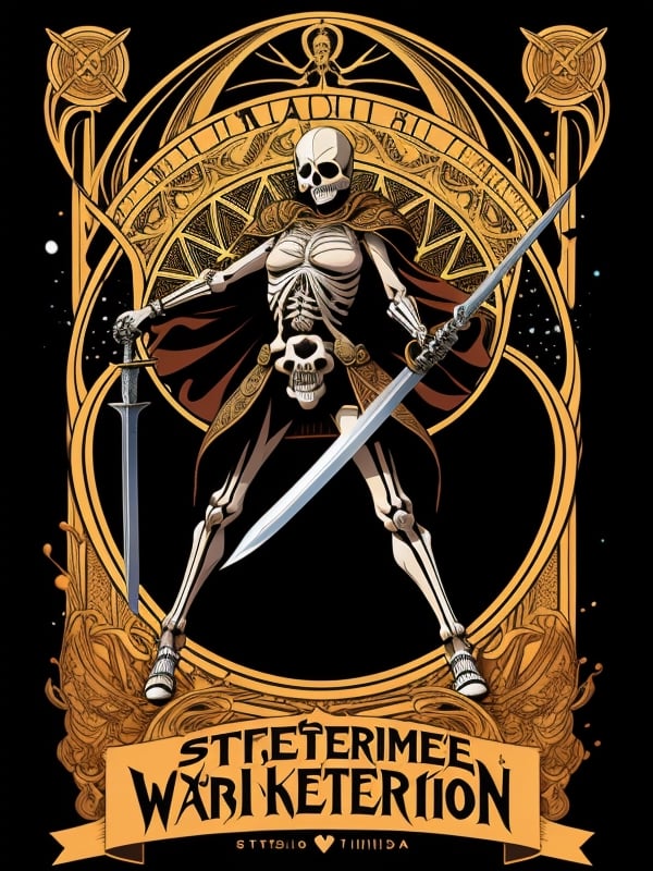 (body:0), 
(skeleteon warrior:1.2),  
(description:0), 
sword and shild in hand, arrack pose, evil aura,
(game card:0), 
(tetradic colors,  inkpunk,  ink lines,  light particles, strong outlines, art nouveau,  bold traces,  unframed,  high contrast, vector,  art by MSchiffer,  zoom out view:),