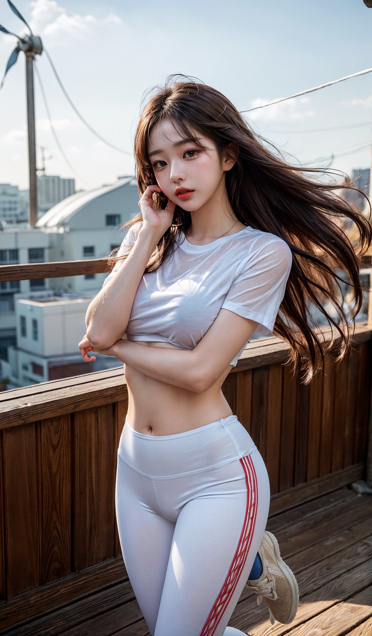 8K, UHD, real photo, (masterpiece:1.2), (best quality:1.2), 
(((Gorgeous, beautiful 21-year-old Korean girl)), (168cm, 48kg, nice body), (beautiful), (perfect eyes), (perfect face), 1girl,(long brown straight hair:1.3),(white skin:1.3)), (sexual abuse),
(random pose), (random view),
((She is at open sky rooftop.)),(wet underboob T-shirt.), (wet sexy white leggings), (swet body), (hair blowing in the wind:1.4),
((Both hands are tied together, one leg is a flat, and only one leg is standing.))