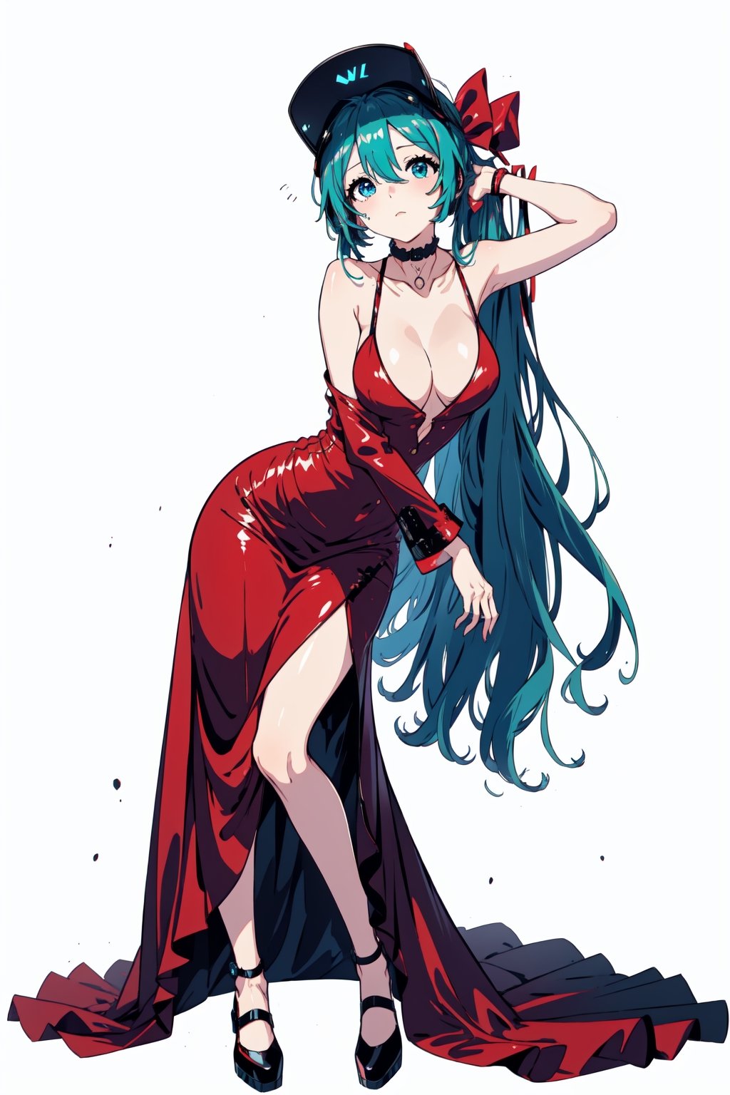 Dress, semi-tight, red dress, floor length, blue hair, cyan eyes, (hatsune miku), 1.9 large breasts, asymmetrical neckline, head tilt, vibrant color, seductive_pose, seductive, (white background only), front visor, front view, red hair bow, black hair ribbon,