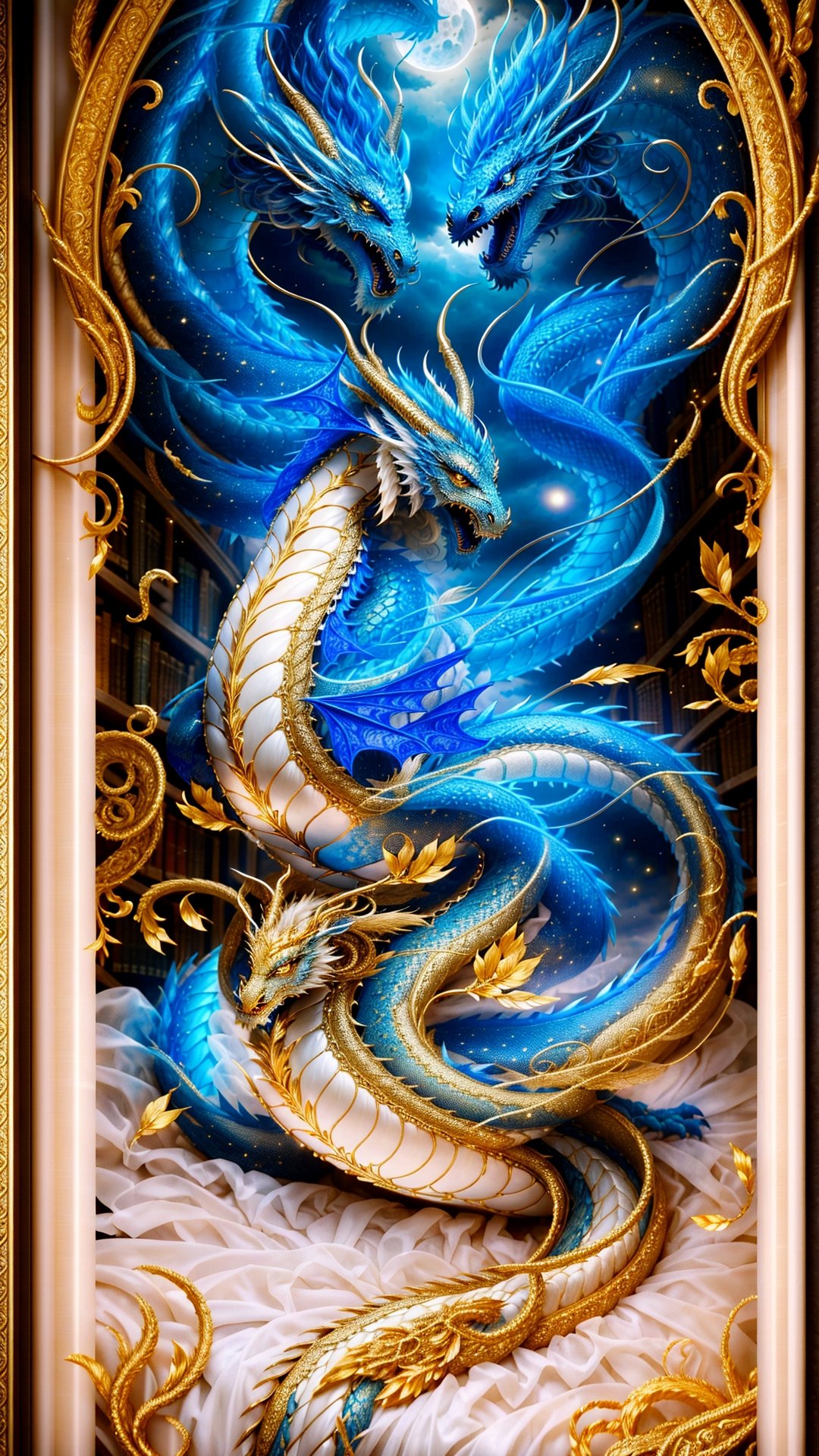 An ancient library bathed in moonlight, where a woman in an ivory gown whispers ancient tales. The gown's delicate embroidery depicts serpentine dragons in thread of gold, their tails trailing into the folds of the fabric. As she turns a page, the dragon's eyes seem to glimmer with a life of their own. Surreal, evocative, detailed, high resolution.