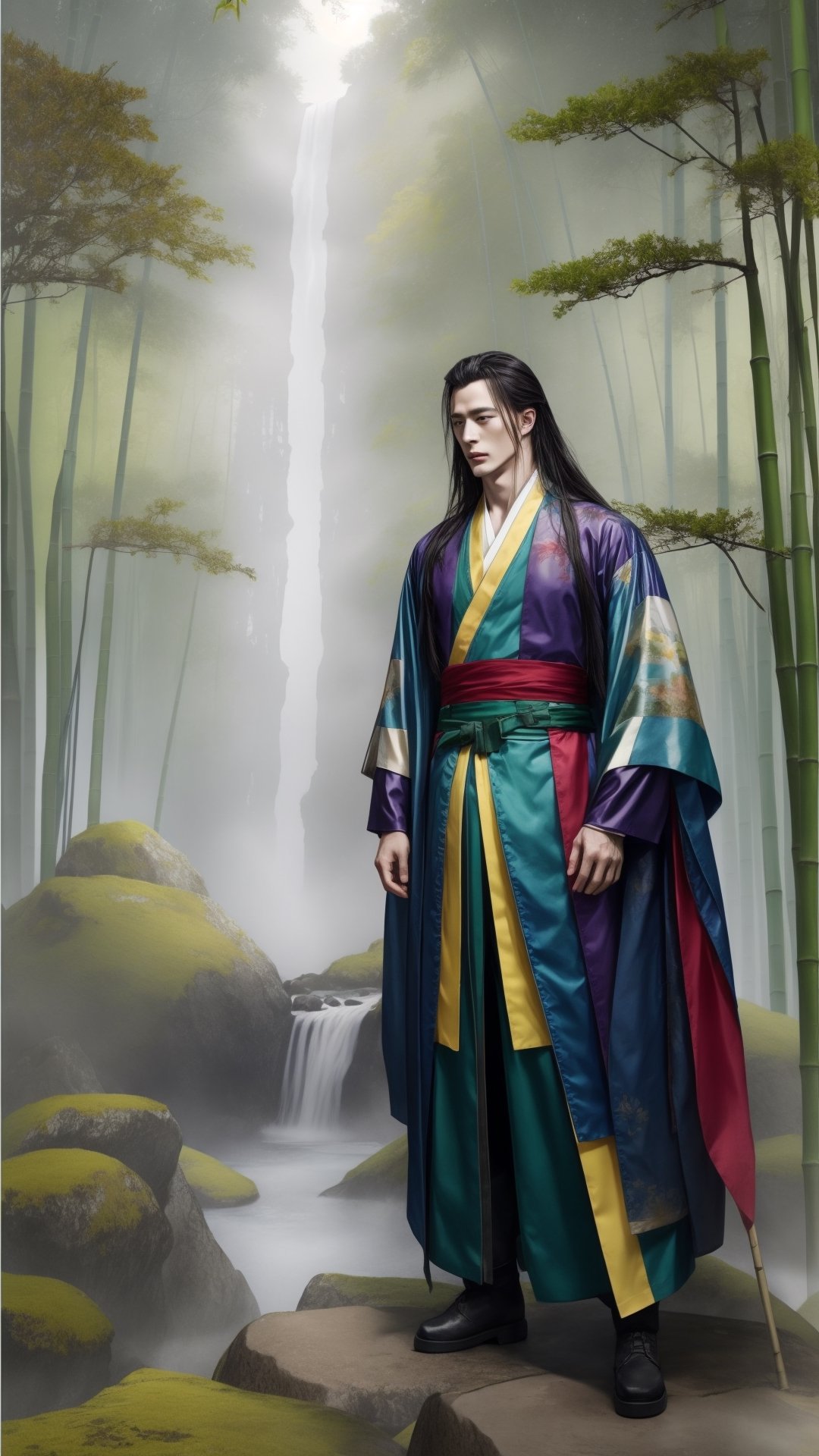 (watercolor artwork), tienhiep, hanfu, hanfu footwear, 1boy, (young man),  solo, long black hair, full body, wide shot, waterfall and bamboo forest, cedrus tree, crane, (five-color scheme: black-red-green-blue-yellow), fairy, (foggy), fantasy world, perfect body ratio,wtrcolor style