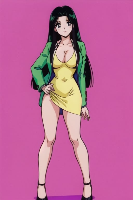 Ritsuko takahashi,  1girl.(ritsuko_nube), full body,  long body, hip move, sexy insinuation,  long hair,  purple eyes,  green jacket, one hand on waist, yellow dress,  neckline,  open jacket,  heels,  on school,  sexy stance, sweet lips, black hair,  hair shining in green, great boobs,  round hips,  showing her glutes, neckline, dancing mové,  arousing face,  glutes, ritsuko_nube, 
