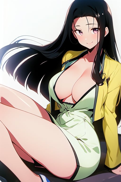 1girl.(ritsuko_nube),long hair, purple eyes,green jacket, yellow dress,open jacket,heels,on school, sexy stance, sweet lips, black hair, hair shining in green, great boobs, round hips, hands on the waist