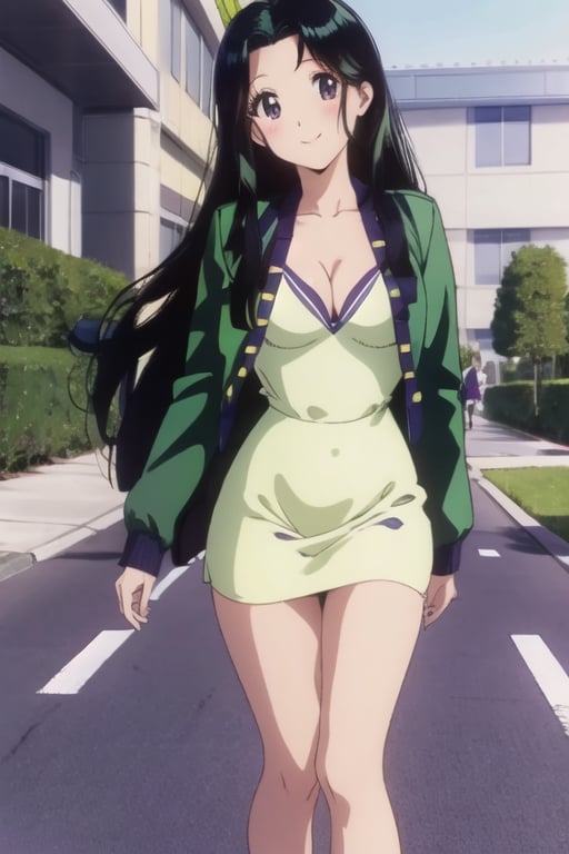 Ritsuko takahashi,  1girl.(ritsuko_nube),  long body, hip move, sexy, on school,  insinuation eyes, panty no showed, long hair,  purple eyes,  green jacket, jacket, park, wind, yellow dress, boob not showed, open jacket,  heels,  on school,  sexy stance, sweet lips, black hair, sit down, smile, hair shining in green, great boobs,  round hips,  showing her glutes, neckline, dancing mové,  arousing face, back, photo from the back, wind on dress, shy, glutes, ritsuko_nube, 
,ritsuko_nube