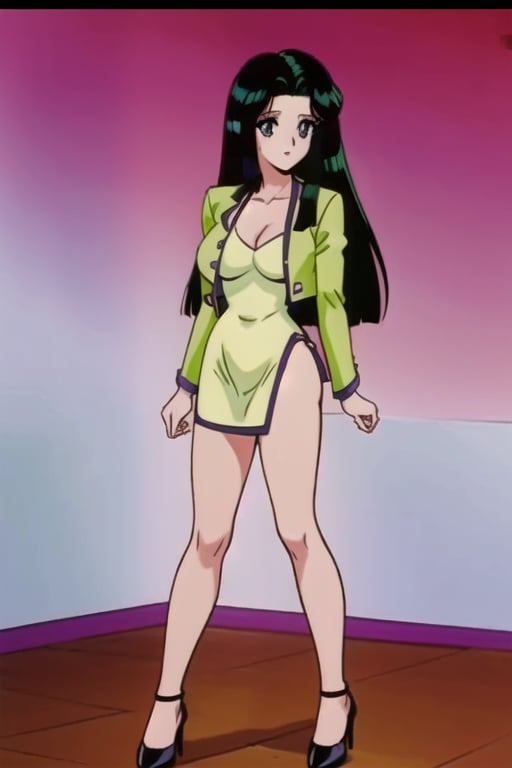 Ritsuko takahashi,  1girl.(ritsuko_nube), full body,  long body,  sexy insinuation,  long hair,  purple eyes,  green jacket, one hand on waist  yellow dress,  neckline,  open jacket,  heels,  on school,  sexy stance,  sweet lips,  black hair,  hair shining in green,  great boobs,  round hips,  showing her glutes,  dancing mové,  arousing face,  glutes, ritsuko_nube, 
