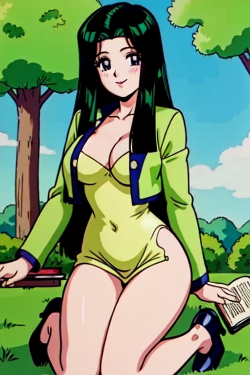 Ritsuko takahashi,  1girl.(ritsuko_nube), full body,  long body, hip move, sexy, reading, book, insinuation, sitting on the garden,  long hair,  purple eyes,  green jacket, jacket, park, trees, wind, yellow dress,  neckline,  open jacket,  heels,  near school,  sexy stance, sweet lips, black hair, sit down, smile, hair shining in green, great boobs,  round hips,  showing her glutes, neckline, dancing mové,  arousing face,  glutes, ritsuko_nube, 
,ritsuko_nube