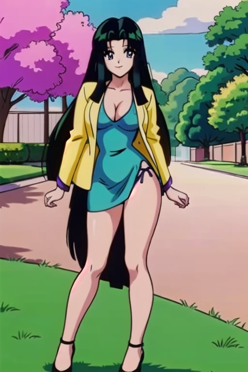 Ritsuko takahashi,  1girl.(ritsuko_nube), full body,  long body, hip move, sexy, on school, insinuation, garden,  long hair,  purple eyes,  green jacket, jacket, park, trees, wind, yellow dress,  neckline,  open jacket,  heels,  near school,  sexy stance, sweet lips, black hair, sit down, smile, hair shining in green, great boobs,  round hips,  showing her glutes, neckline, dancing mové,  arousing face,  glutes, ritsuko_nube, 
,ritsuko_nube