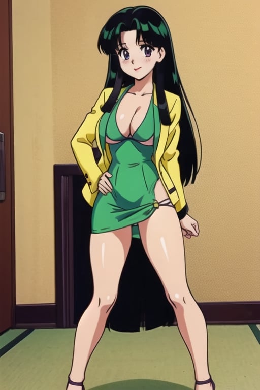 Ritsuko takahashi, 1girl.(ritsuko_nube),full body, long body, sexy insinuation, long hair, purple eyes, green jacket, yellow dress, neckline, open jacket, heels, on school, sexy stance, sweet lips, black hair, hair shining in green, great boobs, round hips, showing her glutes, arousing face, glutes,ritsuko_nube