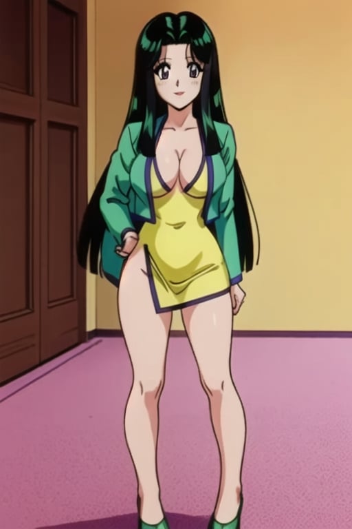 Ritsuko takahashi, 1girl.(ritsuko_nube),full body, long body, sexy insinuation, long hair, purple eyes, green jacket, yellow dress, neckline, open jacket, heels, on school, sexy stance, sweet lips, black hair, hair shining in green, great boobs, round hips, showing her glutes, dancing mové, arousing face, glutes,ritsuko_nube