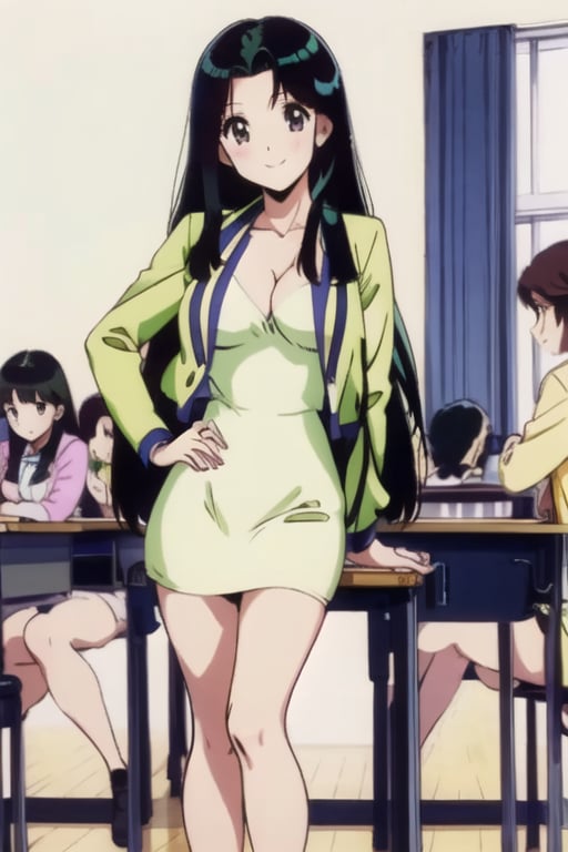 Ritsuko takahashi,  1girl.(ritsuko_nube),  long body, hip move, sexy, on school,  insinuation eyes, panty no showed, long hair,  purple eyes,  green jacket, jacket, park, wind, yellow dress, boob not showed, open jacket,  heels,  on school,  sexy stance, sweet lips, black hair, sit down, smile, hair shining in green, great boobs,  round hips,  showing her glutes, neckline, dancing mové,  arousing face, back, photo from the back, wind on dress, shy, glutes, ritsuko_nube, 
,ritsuko_nube