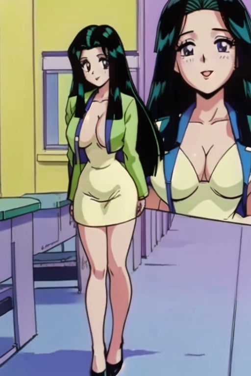 Ritsuko takahashi, 1girl.(ritsuko_nube),full body, long body, sexy insinuation, long hair, purple eyes, green jacket, yellow dress, neckline, open jacket, heels, on school, sexy stance, sweet lips, black hair, hair shining in green, great boobs, round hips, showing her glutes, arousing face, glutes,ritsuko_nube