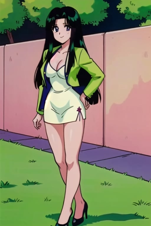 Ritsuko takahashi,  1girl.(ritsuko_nube), full body,  long body, hip move, sexy, on school, insinuation, garden,  long hair,  purple eyes,  green jacket, jacket, park, trees, wind, yellow dress,  neckline,  open jacket,  heels,  near school,  sexy stance, sweet lips, black hair, sit down, smile, hair shining in green, great boobs,  round hips,  showing her glutes, neckline, dancing mové,  arousing face,  glutes, ritsuko_nube, 
,ritsuko_nube