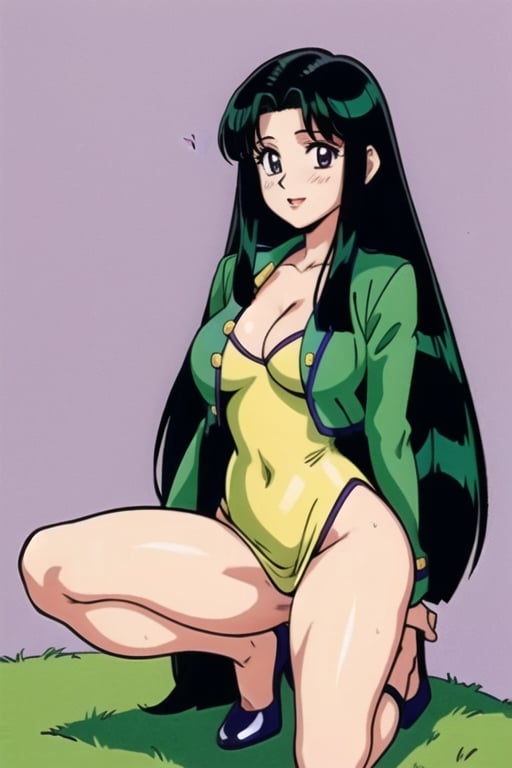 Ritsuko takahashi, 1girl.(ritsuko_nube),full body, long body, sexy insinuation, long hair, purple eyes, green jacket, yellow dress, neckline, open jacket, heels, on school, sexy stance, sweet lips, black hair, hair shining in green, great boobs, round hips, showing her glutes, arousing face, glutes,ritsuko_nube