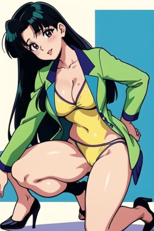 Ritsuko takahashi, 1girl.(ritsuko_nube),full body, long body, panties, sexy insinuation, long hair, purple eyes, green jacket, yellow dress, neckline, open jacket, heels, on school, sexy stance, sweet lips, black hair, hair shining in green, great boobs, round hips, showing her glutes, dancing mové, arousing face, glutes,ritsuko_nube