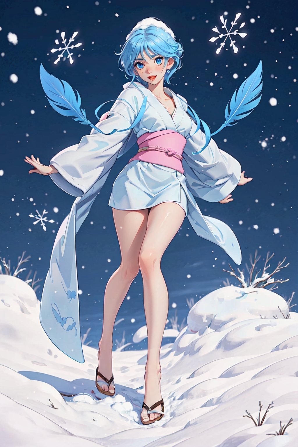 Yukime, snow Woman, atmospheric scene,  masterpiece,  best quality,  (detailed face, sweet eyes, detail skin texture,  ultra-detailed body, fullbody),  (cinematic light:1.1), r0seb7rne-smf | light blue hair, short blue hair
((1girl)), short blue hair (blue eyes), white dress, pink bun, sexy body, Joy facial expresión, colorful background, apocalyptic fantasy landscape, science fiction, cinematic blur, dynamic lights.,witch, (black eye iris) blue  eyes, full body, white skin, snow ing battlefield, dark sky, blue clouds, blue feather coat, big coat, elegant nudity