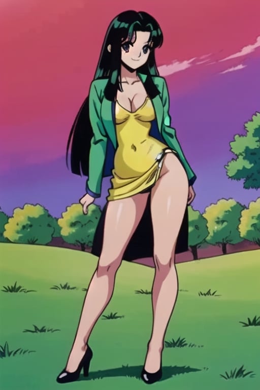 Ritsuko takahashi,  1girl.(ritsuko_nube), full body,  long body, hip move, sexy, on school,  insinuation, garden,  long hair,  purple eyes,  green jacket, jacket, park, trees, wind, yellow dress,  neckline,  open jacket,  heels,  near school,  sexy stance, sweet lips, black hair, sit down, smile, hair shining in green, great boobs,  round hips,  showing her glutes, neckline, dancing mové,  arousing face, back, photo from the back, wind on dress, shy, glutes, ritsuko_nube, 
,ritsuko_nube