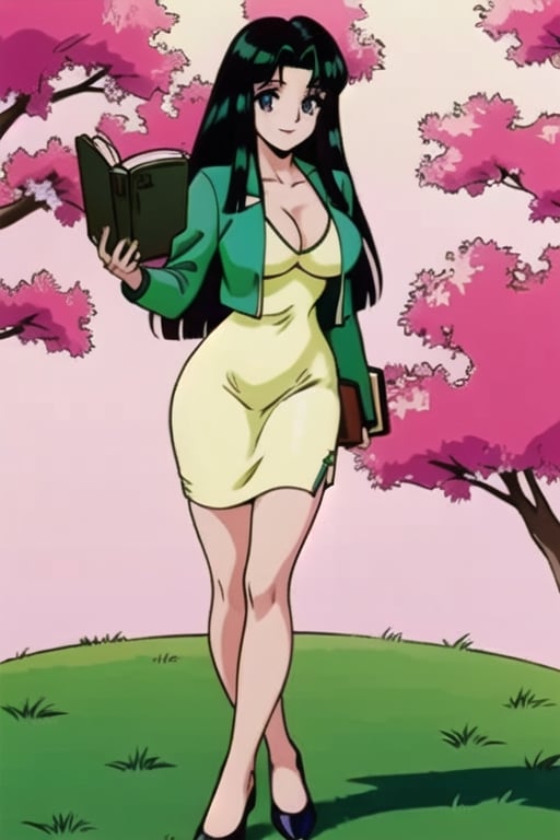 Ritsuko takahashi,  1girl.(ritsuko_nube), full body,  long body, hip move, sexy, reading, book, insinuation,  long hair,  purple eyes,  green jacket, park, trees, wind, yellow dress,  neckline,  open jacket,  heels,  near school,  sexy stance, sweet lips, black hair, sit down, smile, hair shining in green, great boobs,  round hips,  showing her glutes, neckline, dancing mové,  arousing face,  glutes, ritsuko_nube, 
,ritsuko_nube