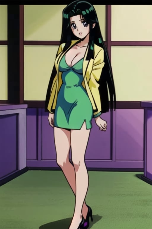 Ritsuko takahashi, 1girl.(ritsuko_nube), long hair, purple eyes, green jacket, yellow dress, neckline, open jacket, heels, on school, sexy stance, sweet lips, black hair, hair shining in green, great boobs, round hips, showing her glutes