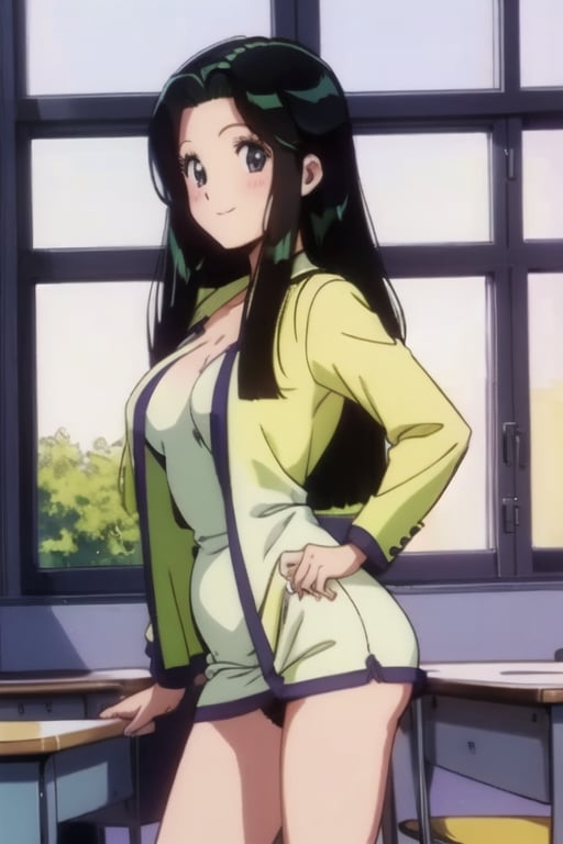 Ritsuko takahashi,  1girl.(ritsuko_nube),  long body, hip move, sexy, on school,  insinuation eyes, panty no showed, long hair,  purple eyes,  green jacket, jacket, park, wind, yellow dress, boob not showed, open jacket,  heels,  on school,  sexy stance, sweet lips, black hair, sit down, smile, hair shining in green, great boobs,  round hips,  showing her glutes, neckline, dancing mové,  arousing face, back, photo from the back, wind on dress, shy, glutes, ritsuko_nube, 
,ritsuko_nube