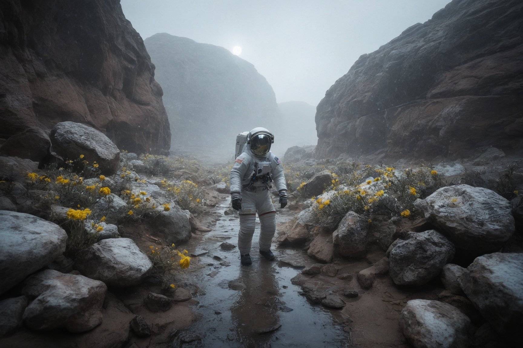 Outside in a desert, Astronaut Inside a room Full of flowers and rocks, soft rain, White theme