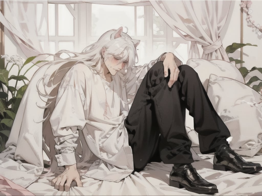 male gender,  man,  boy,  male,  1 man, 1guy, shy,  weak,  fragile,  tears,  crying,  pink blush on eyes and face,  full_body,  white hair,  long boy hair,  long hair man,  white shirt half open, black pants, can see legs, sitting down, white cat ears, 1guy, oil painting