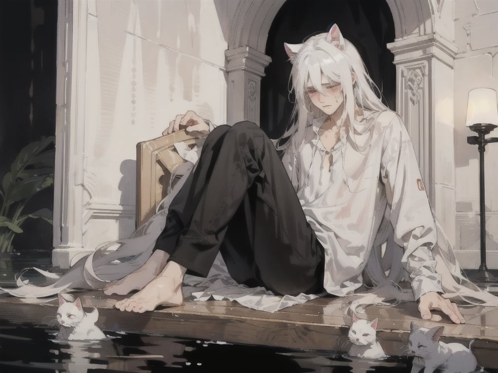 male gender,  man,  boy,  male,  1 man, 1guy, shy,  weak,  fragile,  suffering from pain,  tears,  crying,  saliva leaking,  swearing, pink blush on eyes and face,  full_body,  white hair,  long boy hair,  long hair man,  wet body,  white shirt half open, black pants, can see legs, sitting down, white cat ears, 1guy, oil painting