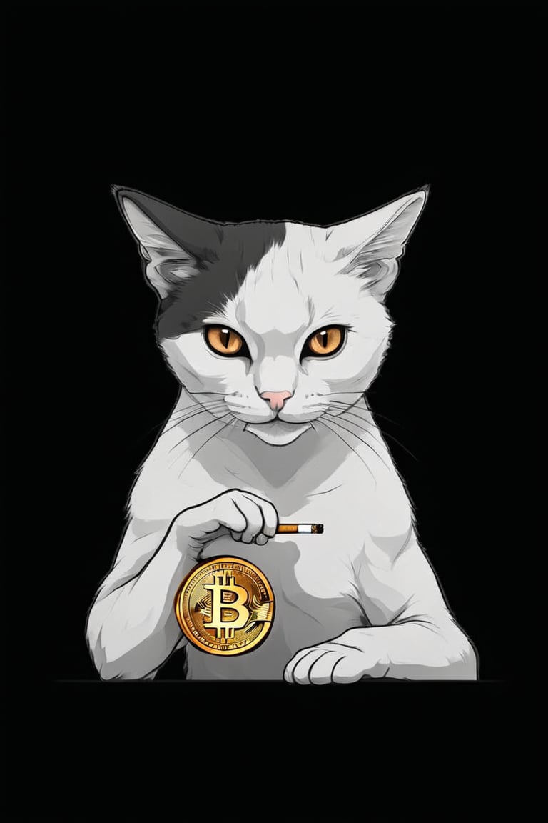 looking at viewer, simple background, no humans,no clothes:1,Handheld, Bitcoin,mouth hold, cigarette, smoking, ,animal, mouth hold, cat, slit pupils, black background, animal focus, whiskers,brown eyes,Look serious,The eyes were fierce