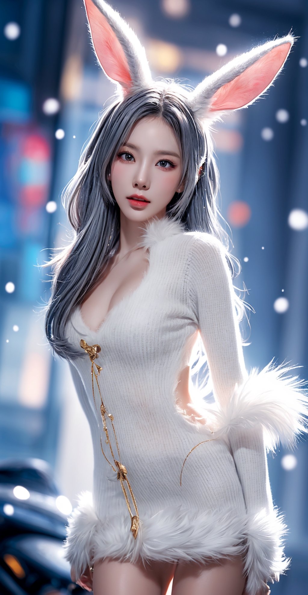 the fur beautiful, body, full body, fluff skin,fantasy, subsurface scattering, perfect anatomy, glow, bloom, Bioluminescent liquid,zen style,Movie Still, cold color, vibrant, volumetric light (masterpiece, top quality, best quality, official art, beautiful and aesthetic:1.2), (1 cat),extreme detailed,(abstract, fractal art:1.3),colorful hair,highest detailed, detailed_eyes, snowing, smoke bubbles, light_particles,lop-eared bunny girl,babyface, perfect body, five fingers, perfect hands, anatomically perfect body, sexy posture,(black eyes),(gray hair), very long hair, long white fur sweater dress,white fur bike_shorts,kemono,dynamic angle,depth of field, hyper detailed, highly detailed, beautiful, small details, ultra detailed, best quality, 4k,((whole body)),taeyeonlorashy