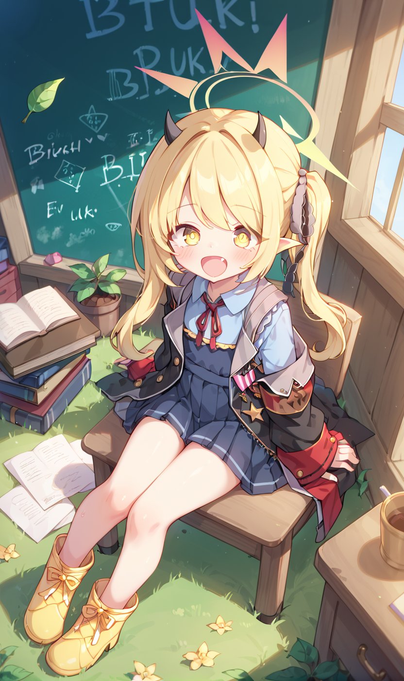 score_9, score_8_up, score_7_up, Without_humans, on the ground grass leaves flowers, fubukiBA,1 little girl in the room, , blackboard, write mixed text Ibuki, yellow eyes, blonde hair, wrap skirt, clothes,ibuki-dress,ibuki-default,ibuki \(blue archive\), cuteloliface, Mouth closed, Silence, writing in a book, sitting, desk chair, from above