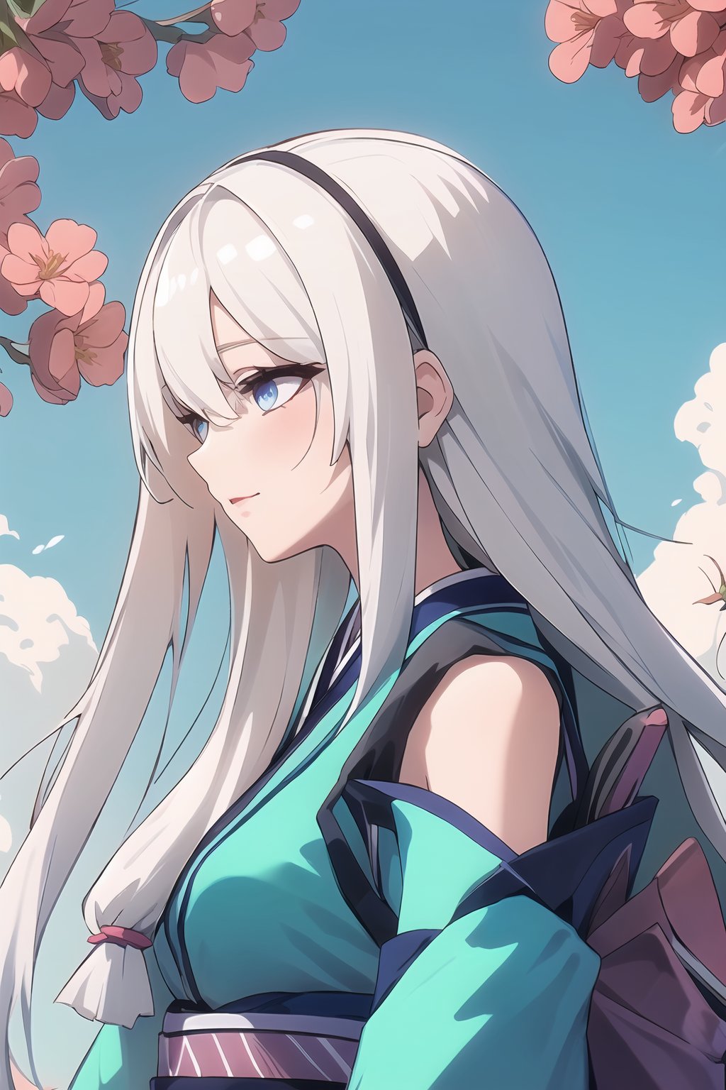 Kagura ml, 1 girl, white hair, hair decoration, long hair, long-sleeved kimono, Clouds, Red flowers, all over the body 