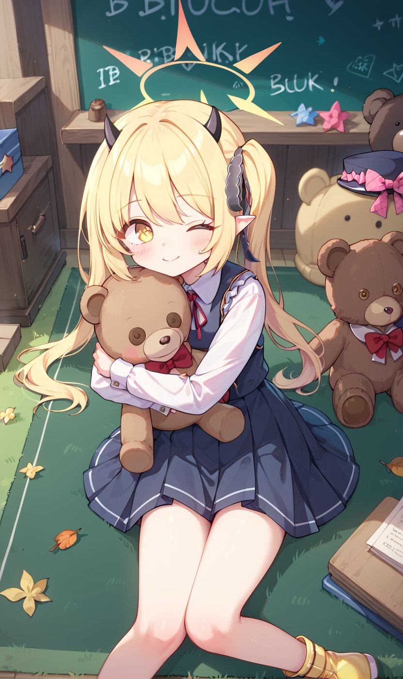 score_9, score_8_up, score_7_up, Teddy bear, Without_people, on the ground grass leaves flowers, fubukiBA,1 little girl in the room, sitting at the table, blackboard, write mixed text Ibuki, Yellow eyes, blonde hair, wrap skirt, clothes,ibuki-dress,ibuki-default,ibuki \(blue archive\), cuteloliface, closed mouth, One eye closed, hugging a star doll, lying on the floor, green carpet, from above, +_+, 