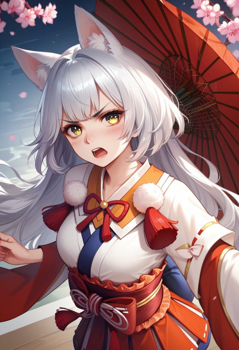 score_9, score_8_up, score_7_up, score_6_up, , score_5_up, , score_4_up, 
BREAK , 

masterpiece, best quality, 1girl, solo, looking at viewer, blush, open mouth, bangs, Long Silver hair animal ears, Yellow eyes, short-sleeved kimono, decorative fur ball, red ribbon, medium skirt, red umbrella, cherry blossoms, Angry eyebrows, from the front, 