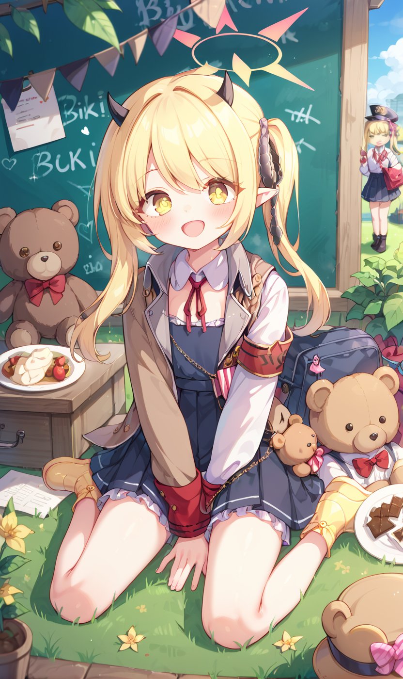 score_9, score_8_up, score_7_up, Teddy bear, Without_people, on the ground grass leaves flowers, fubukiBA,1 little girl in the room, sitting at the table, blackboard, write mixed text Ibuki, Yellow eyes, blonde hair, wrap skirt, clothes, smile,ibuki-dress,ibuki-default,ibuki \(blue archive\)