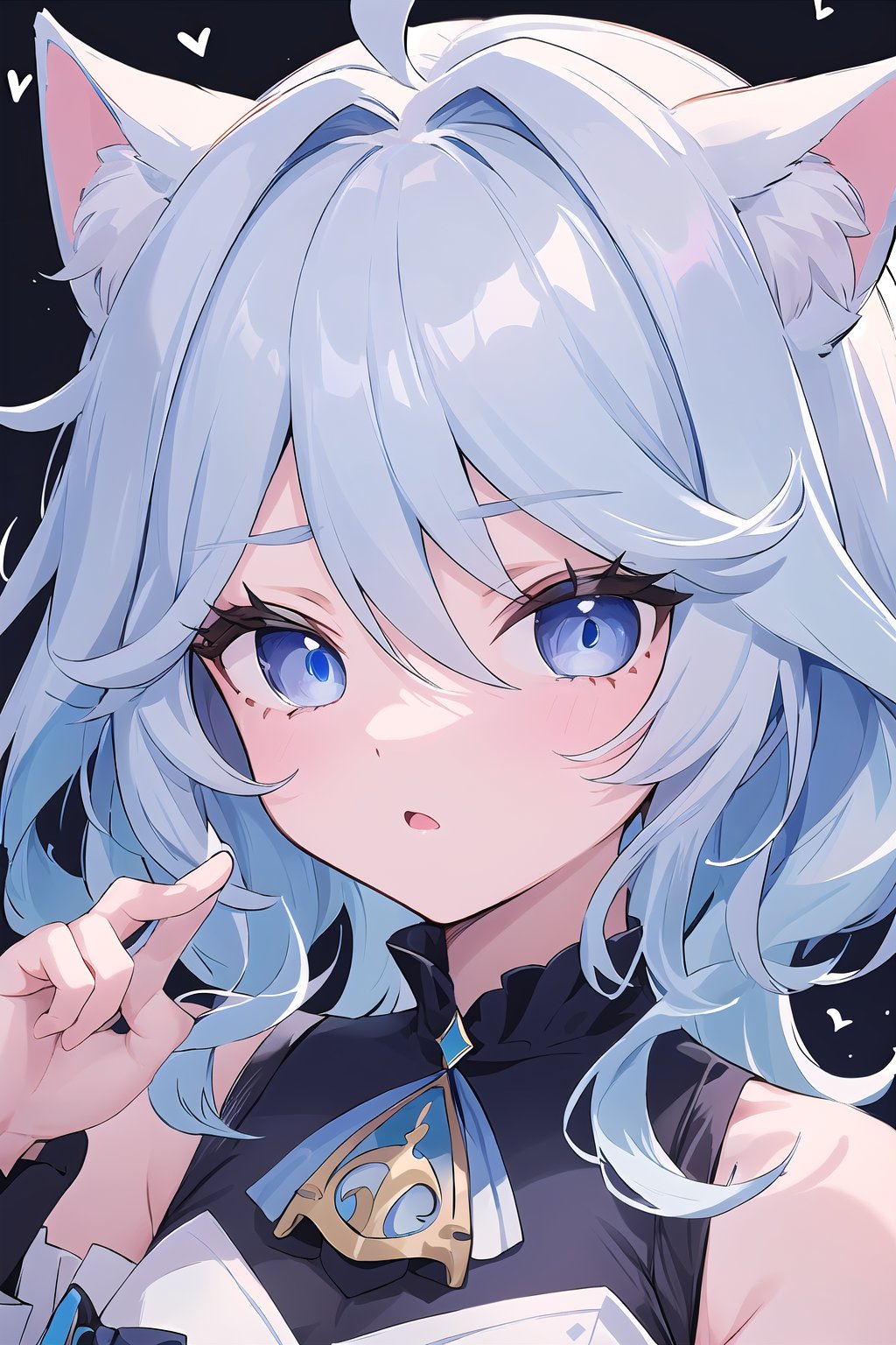 1 girl, Furina, details of blue eyes, cat ears, messy blue hair, part of the face, mochi ice background, black spots on furina's face \(genshin impact\), 3, +_+,