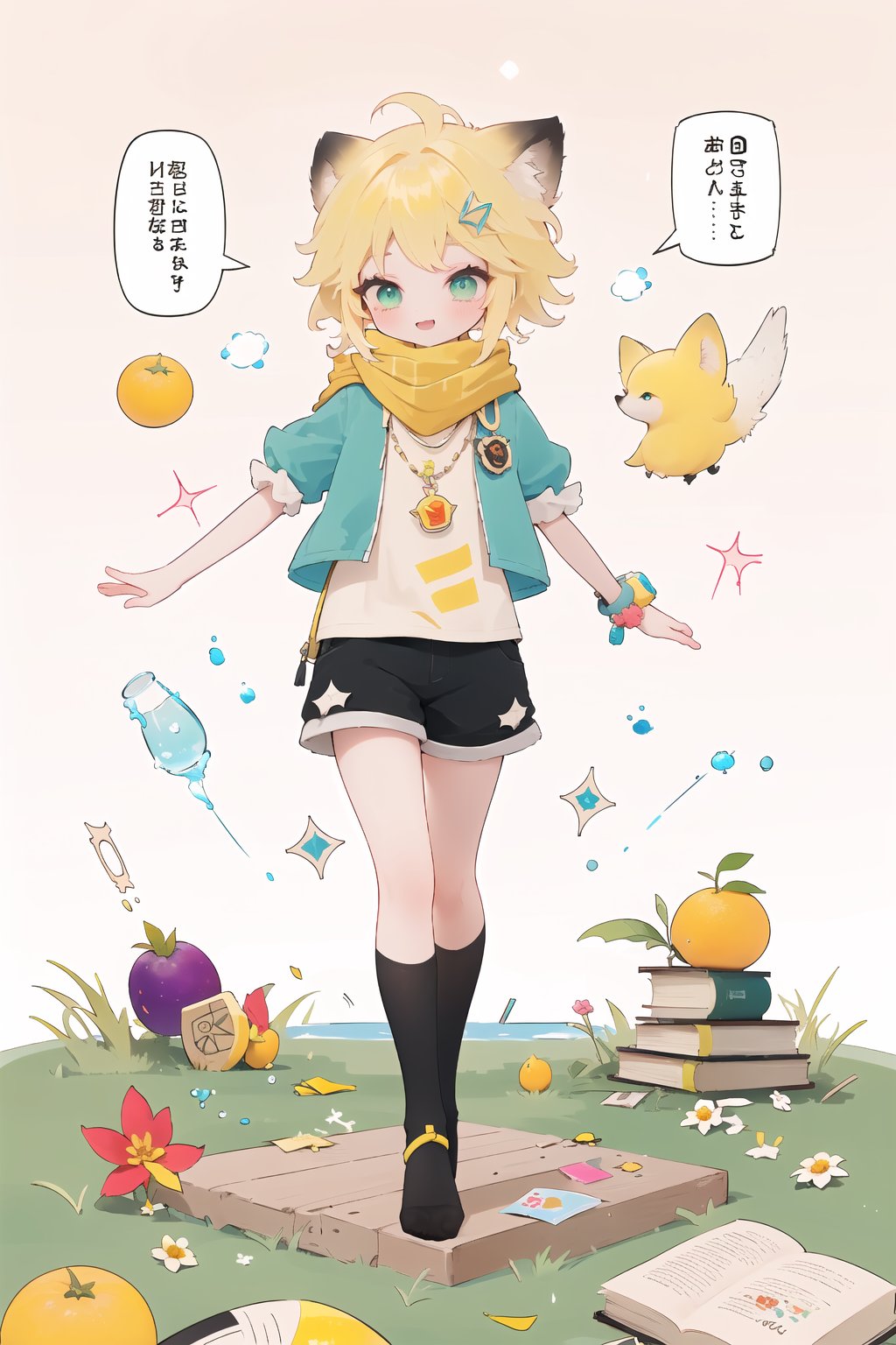 1 Girl, short blonde hair, brown animal ears, green eyes, hairpin, long yellow scarf, a strand of hair standing up, short black t-shirt, green short jacket, necklace, lollipop, shorts, sweet background, joy, "elegant crystal, graceful curves, Filled with orange and white marble fluid forming a fox shape, wavy and dynamic movement Floating pastel flower petals Anime soft pink gradient background. Cute, short blonde hair, animal ears brown, hairpin, yellow scarf, pendant, green rolled up jacket Short sleeve, short black t-shirt, shorts, cloth, necklace, black stockings, In a glass bottle, decoration, table, fruits, grass, flowers, colour_textDecoration, board write, grass, flowers, text, joyml, tousled hair, toys, scattered, Look for it, A strand of hair stands up,Books, children's games, cloth, colorful pointed flags, cups, cakes, Snotty, Red nose, standing, leaning against the wall, thin body, Slim Mouth open in smile Grinning, happy conceptual design, In a glass bottle  